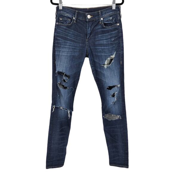 True Religion Distressed Mid Rise Dark Wash Super Skinny Halle Jeans Size 26 - Picture 1 of 5